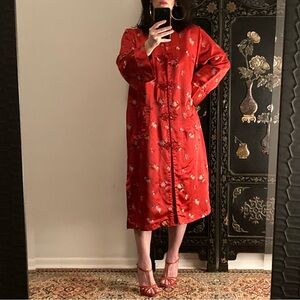 Vintage Red Embroidered Robe, Esme House Coat, Silky Duster Jacket